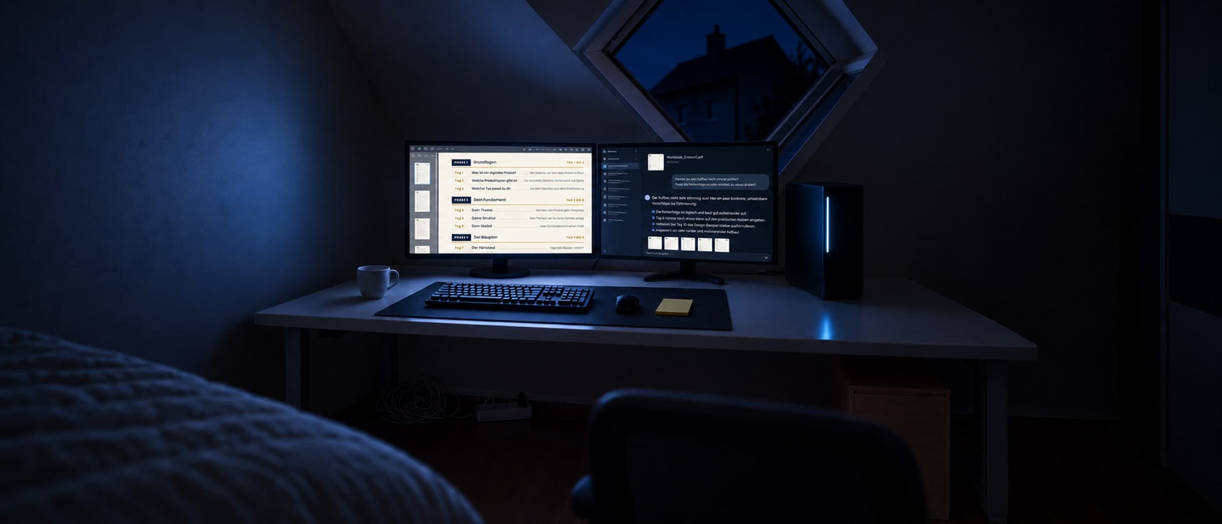 Schreibtisch im Dachzimmer am Abend, zwei Bildschirme unter dem Dachfenster