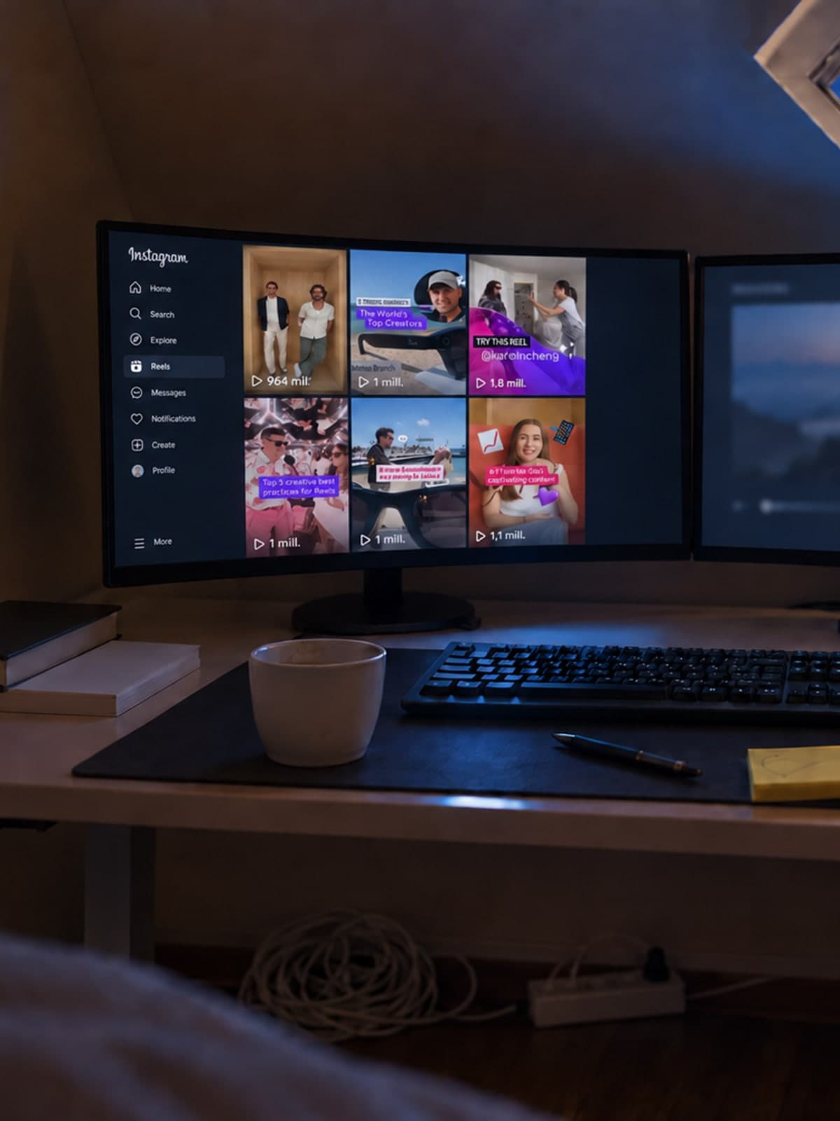 Schreibtisch am Abend, auf dem Bildschirm eine Wand aus Reels, daneben das Handy mit dem nächsten Video