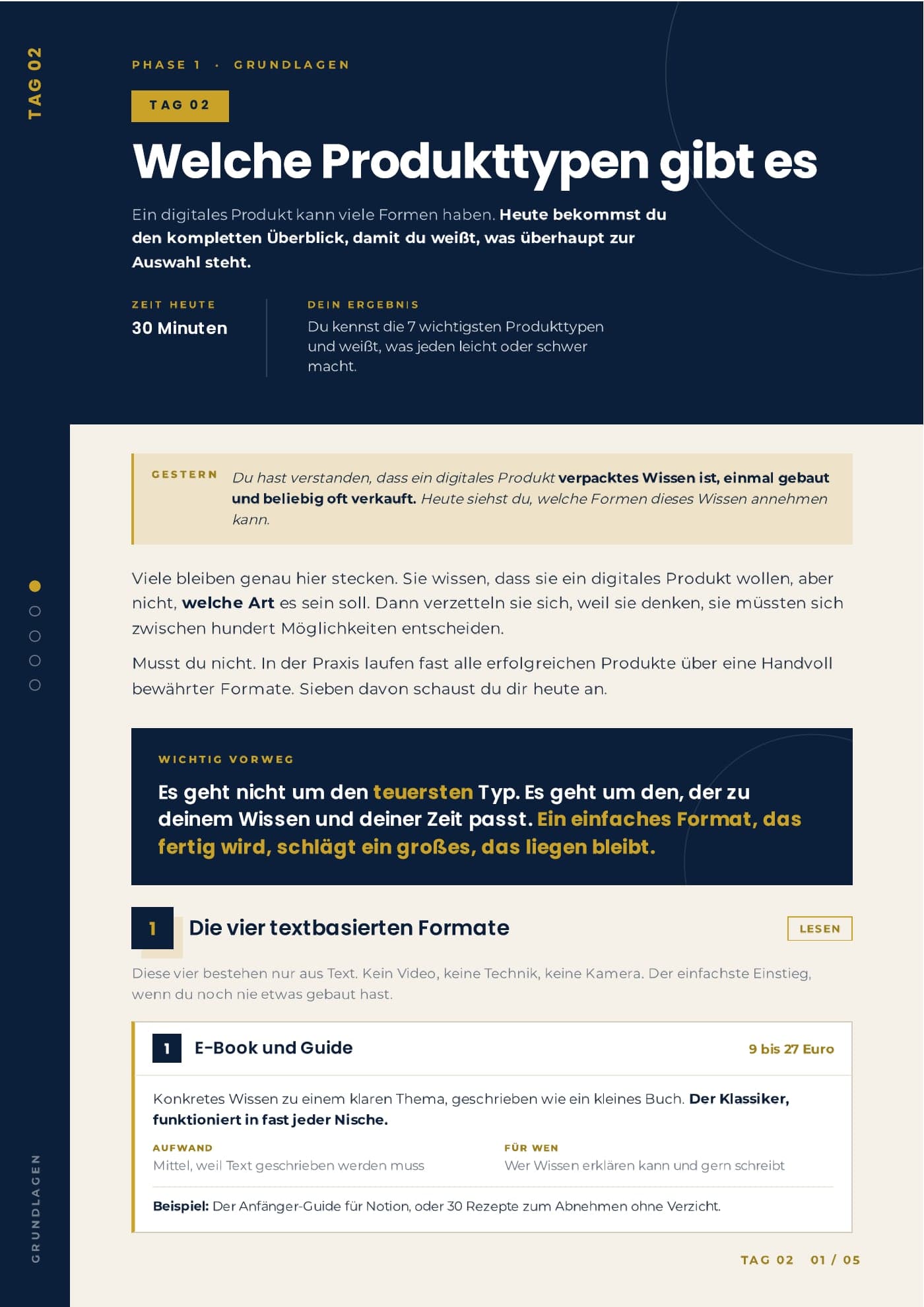 Erste Seite von Tag 2, Welche Produkttypen gibt es, mit den Kästen Zeit heute, Dein Ergebnis und Gestern
